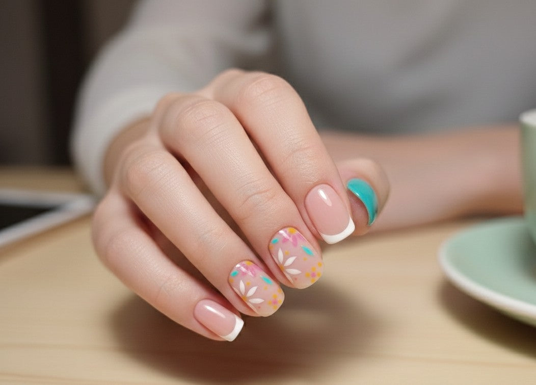 French tips press on nails, turquoise nails, pink tips with hearts