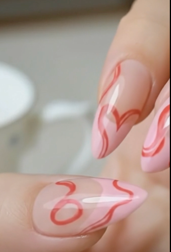 French tips press on nails, turquoise nails, pink tips with hearts